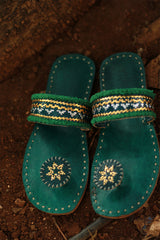 Leather Chappal | Embroidered | Green | Size 39