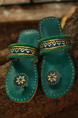 Leather Chappal | Embroidered | Green | Size 39