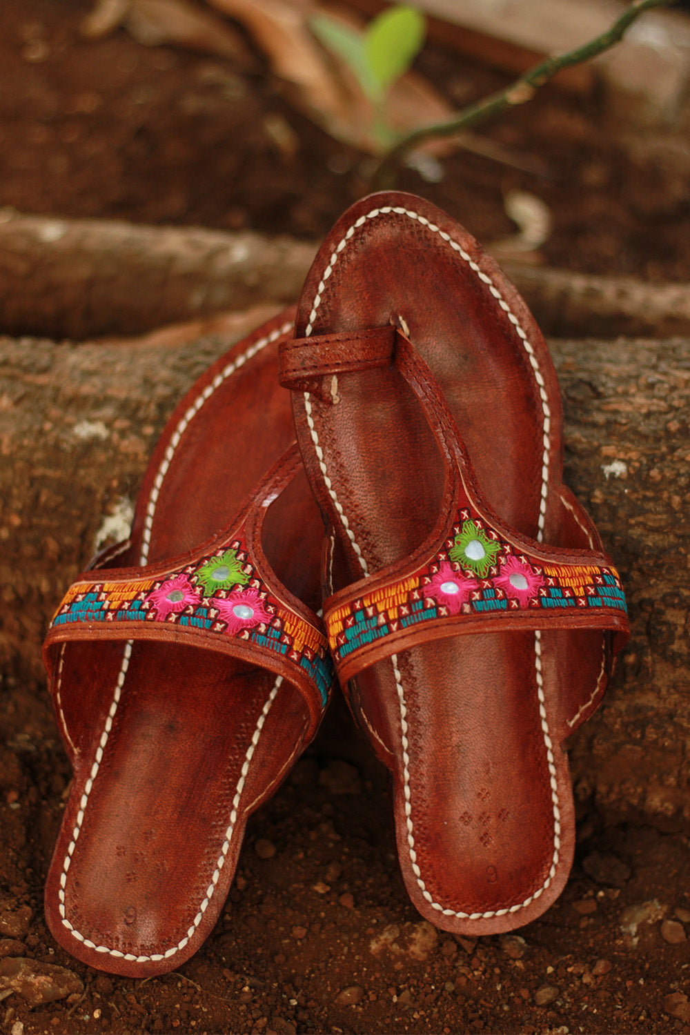 Leather Chappal | Mirrorwork | Brown | Size 43