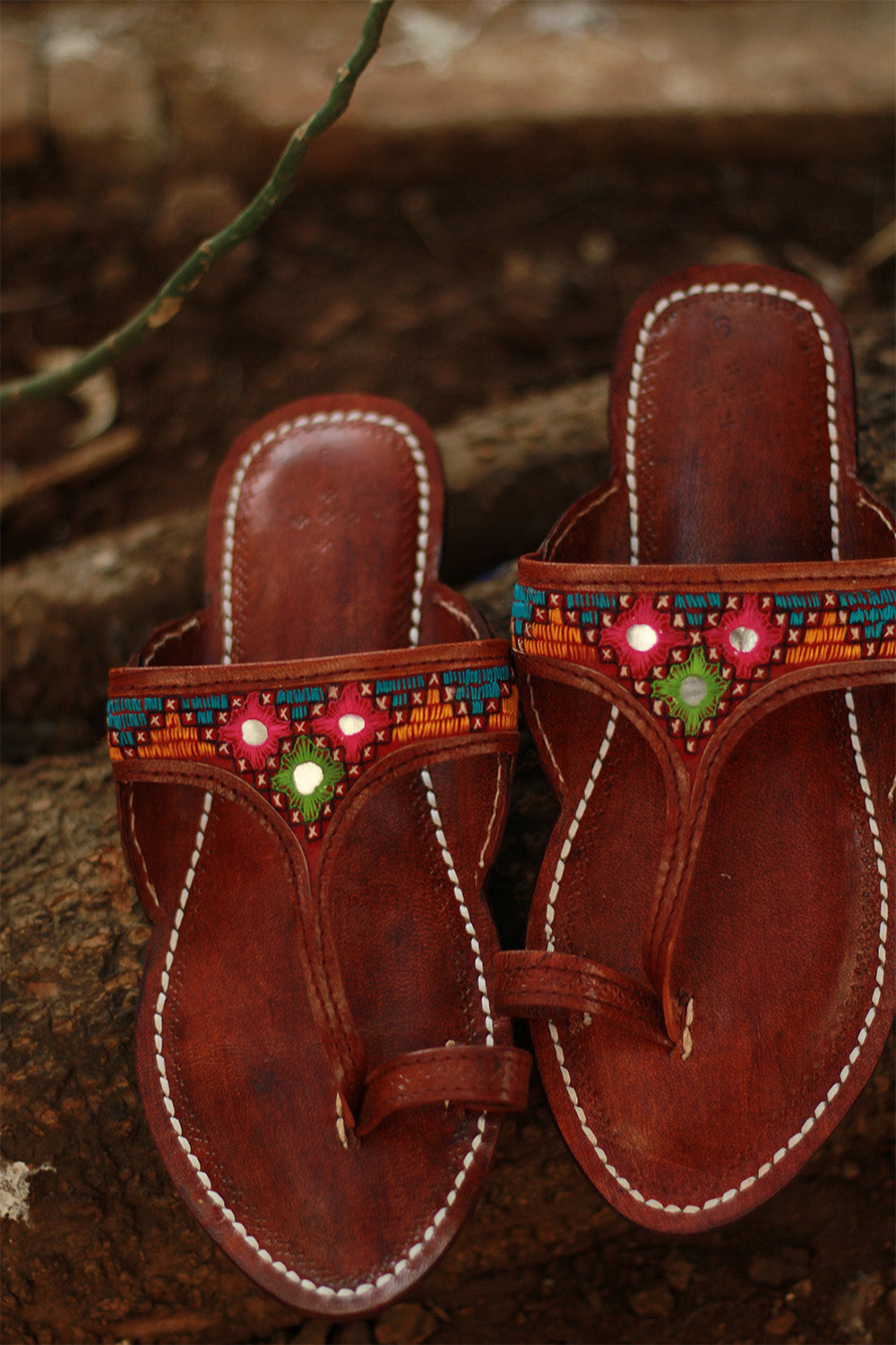 Leather Chappal | Mirrorwork | Brown | Size 43