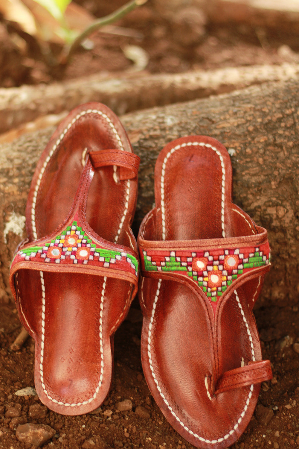Leather Chappal Mirrorwork | Brown | Size 41