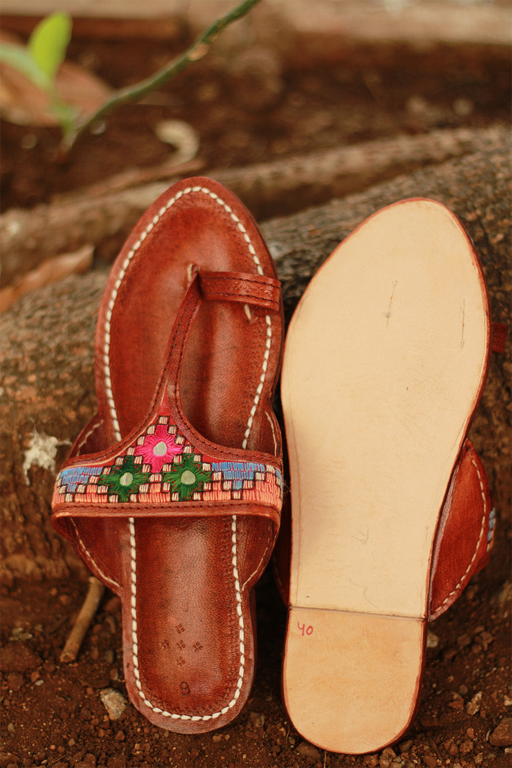 Leather Chappal | Mirrorwork | Brown | Size 43
