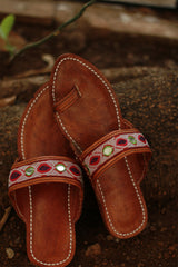 Leather Chappal | Mirrorwork | Brown | Size 45