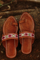 Leather Chappal | Mirrorwork | Brown | Size 45