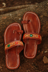 Leather Chappal | Mirrorwork | Brown | Size 42