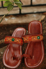 Leather Chappal | Mirrorwork | Brown | Size 42