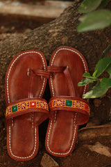 Leather Chappal | Mirrorwork | Brown | Size 42