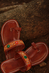 Leather Chappal | Mirrorwork | Brown | Size 42