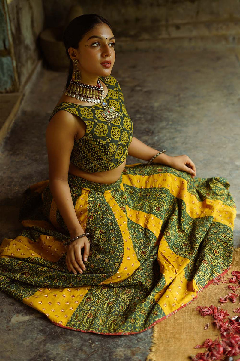Viharini | Kali Skirt | Chrome-Green Ajrakh