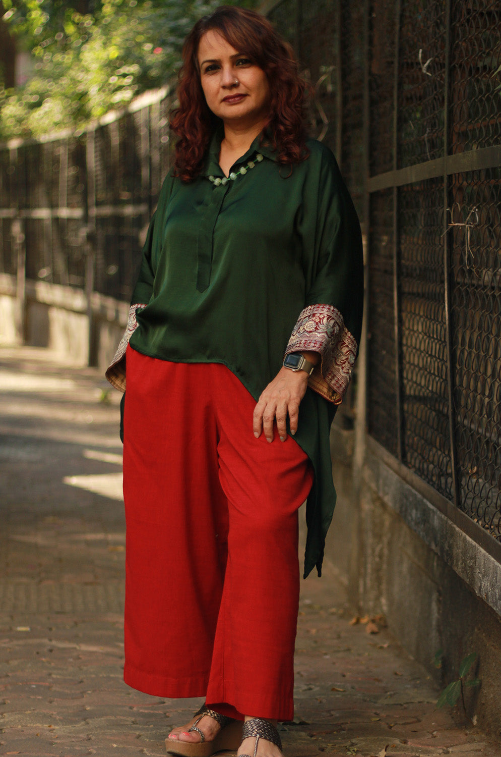 Banarasi Taarini | Collared Kaftan Top | Modal Silk | Green