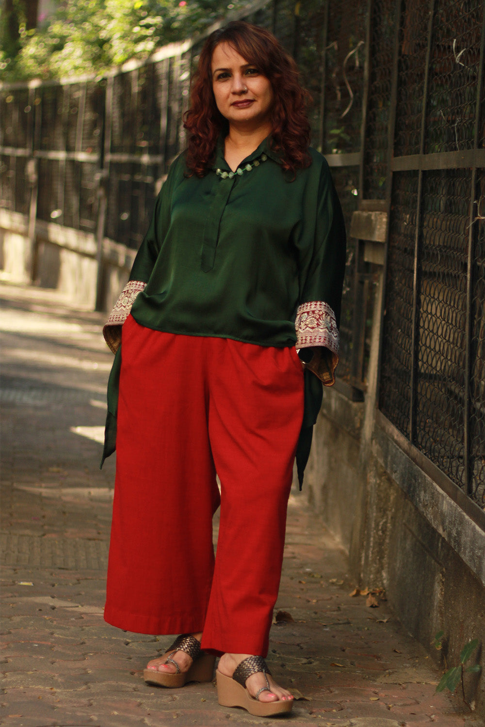 Banarasi Taarini | Collared Kaftan Top | Modal Silk | Green