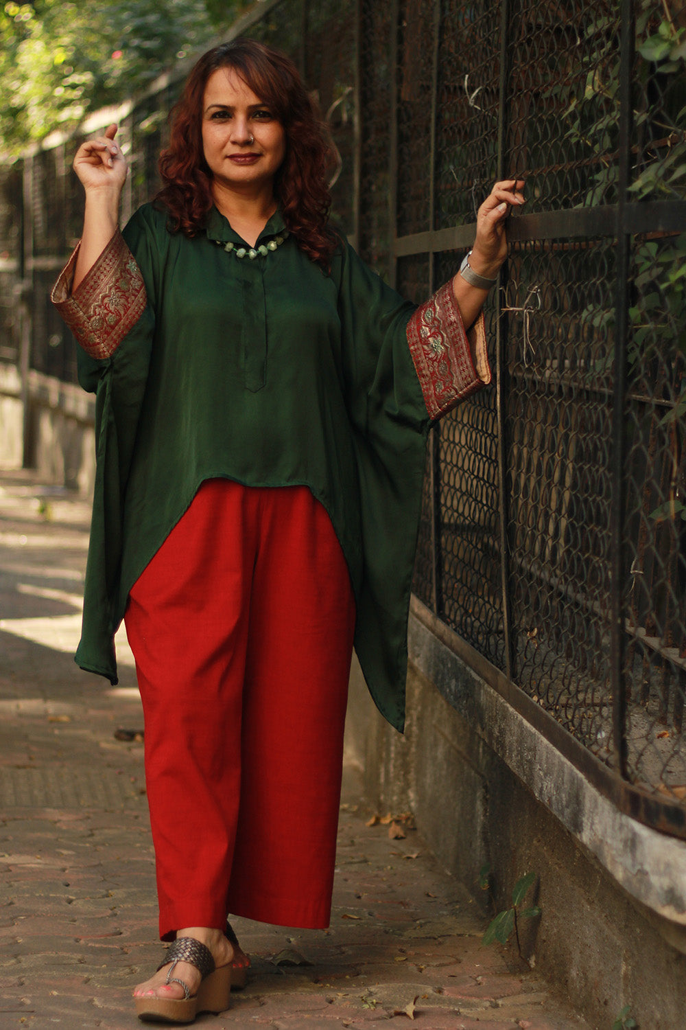 Banarasi Taarini | Collared Kaftan Top | Modal Silk | Green