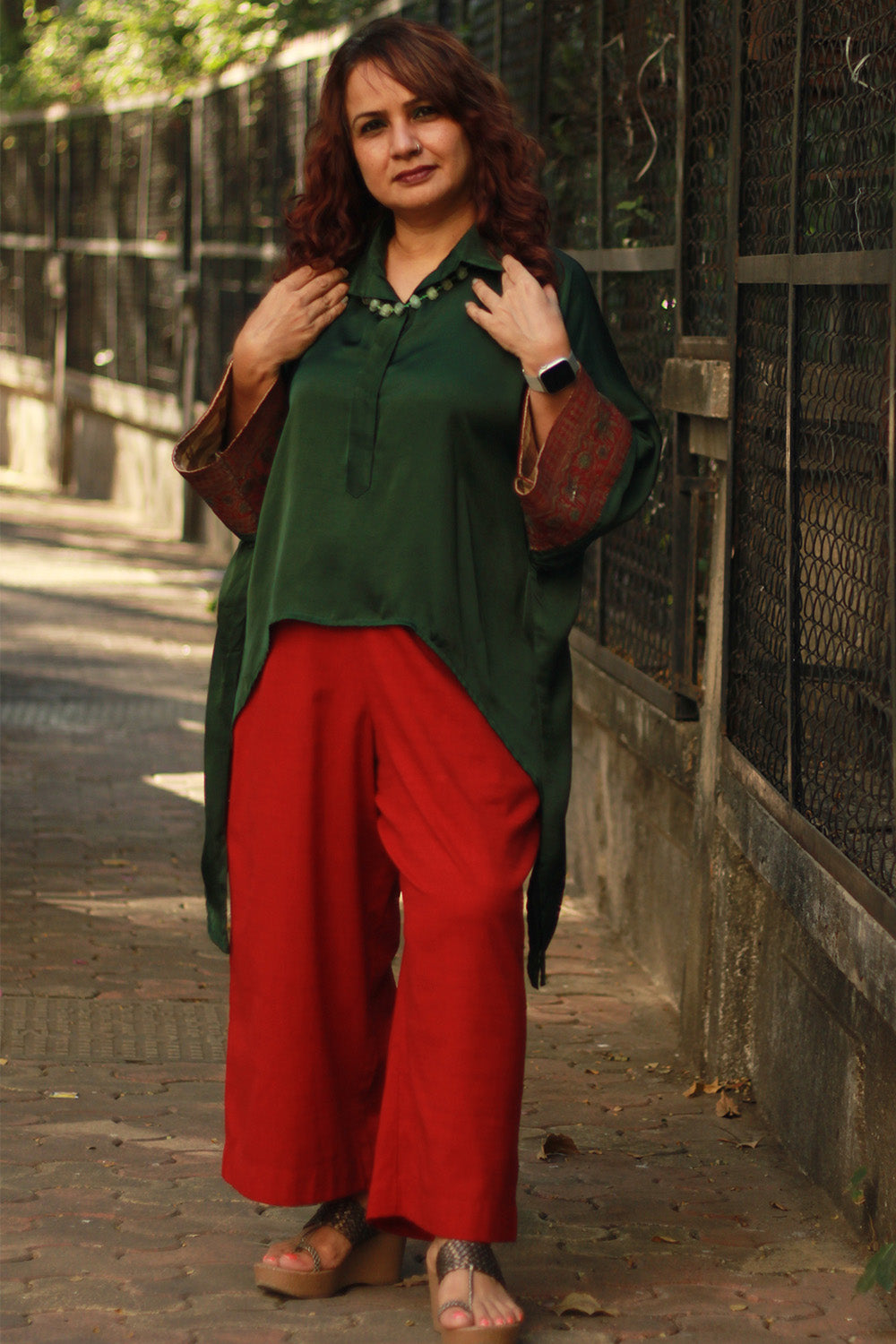 Banarasi Taarini | Collared Kaftan Top | Modal Silk | Green