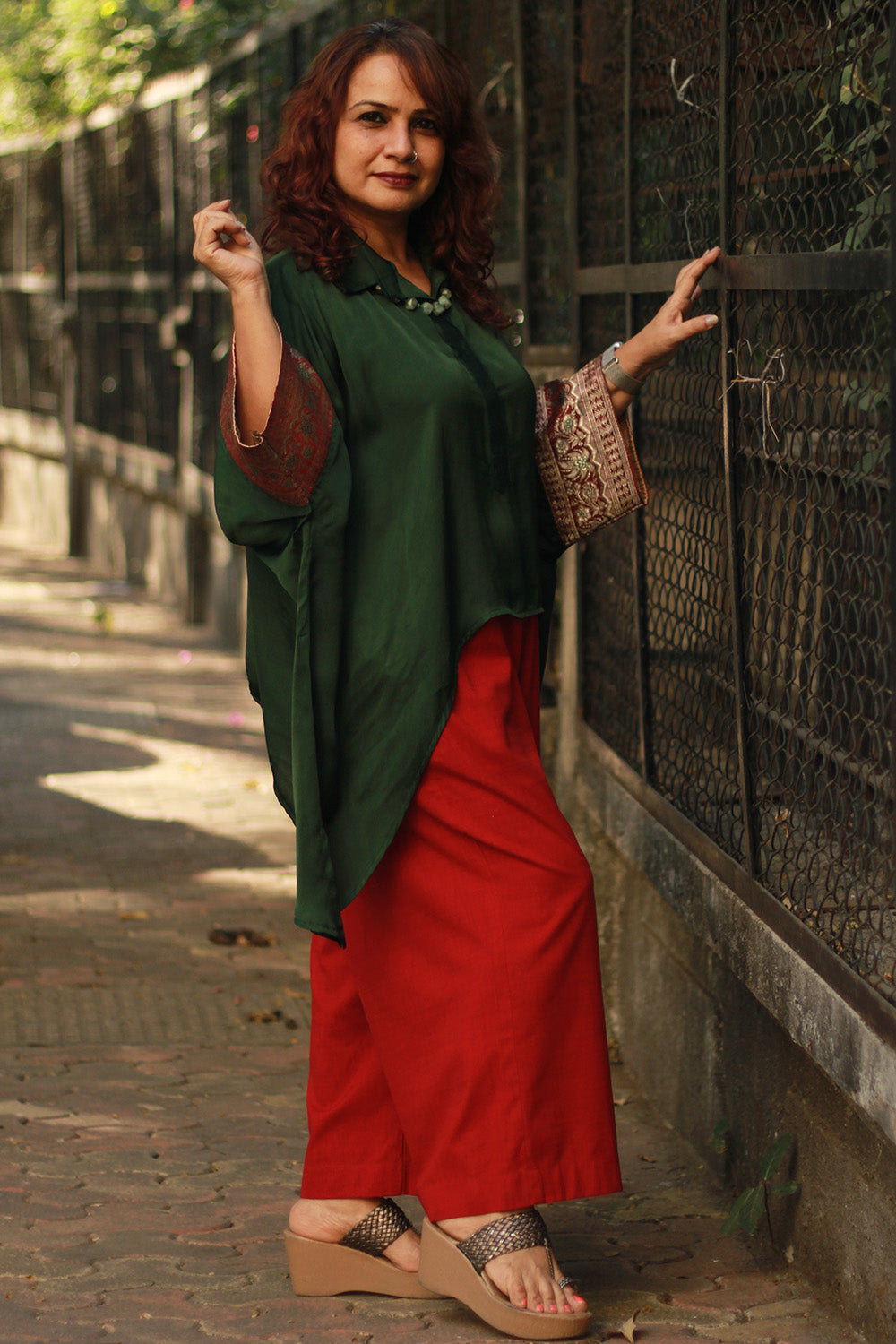 Banarasi Taarini | Collared Kaftan Top | Modal Silk | Green