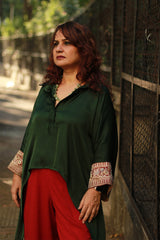 Banarasi Taarini | Collared Kaftan Top | Modal Silk | Green