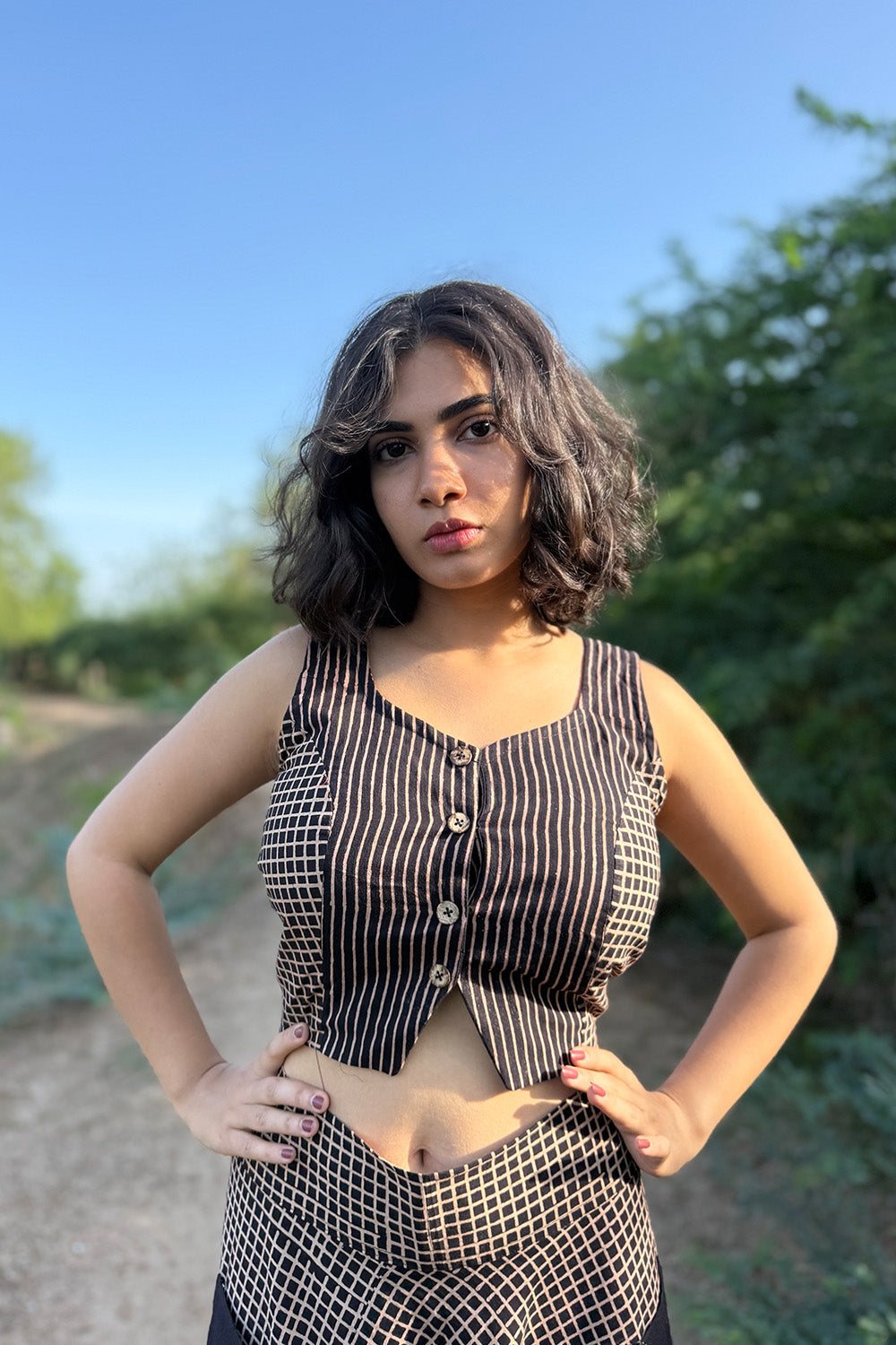 Dhaariyan | Cropped Shirt-Blouse | Ajrakh Noir