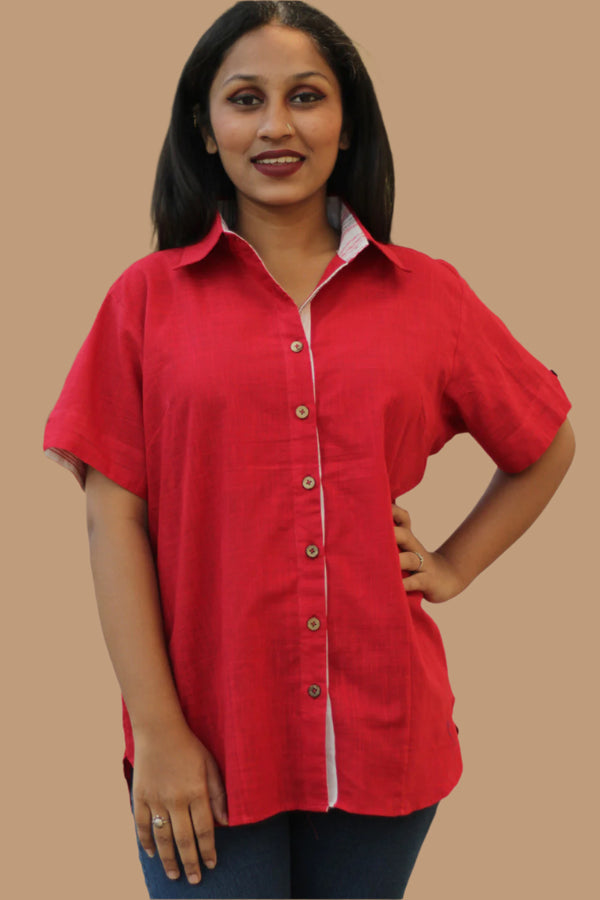 Cotton Shirt | Rouge with Kantha detail