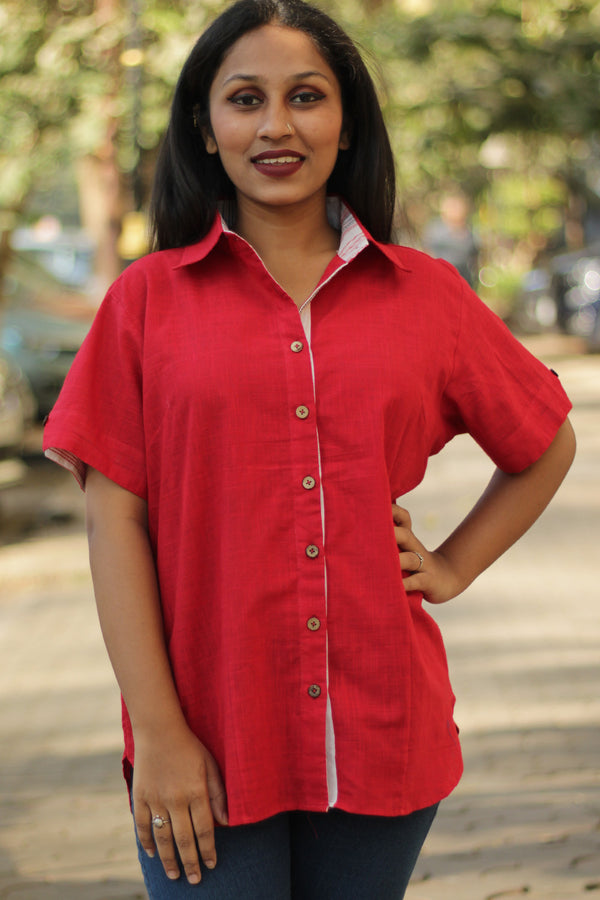 Cotton Shirt | Rouge with Kantha detail