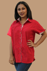 Cotton Shirt | Rouge with Kantha detail