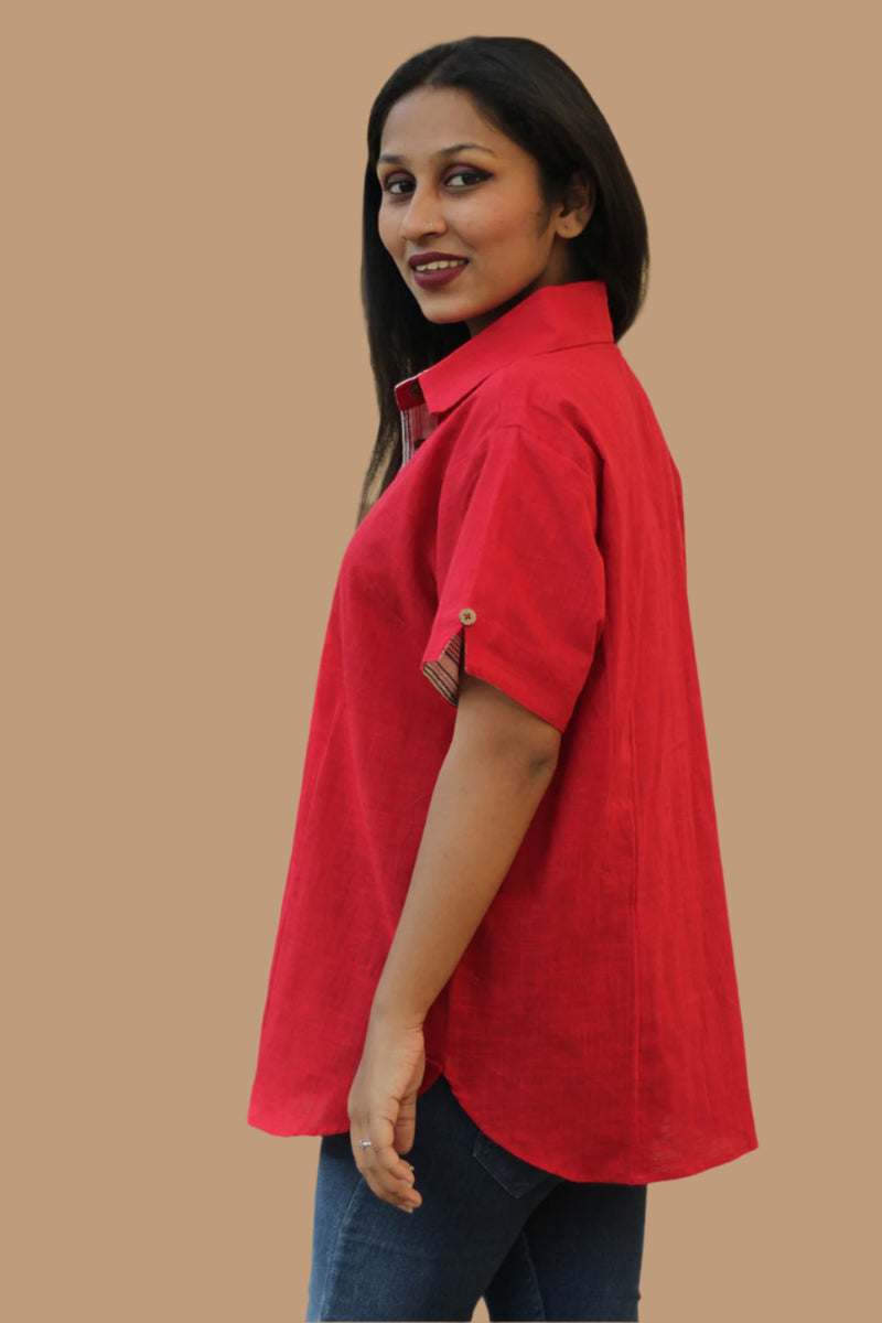 Cotton Shirt | Rouge with Kantha detail