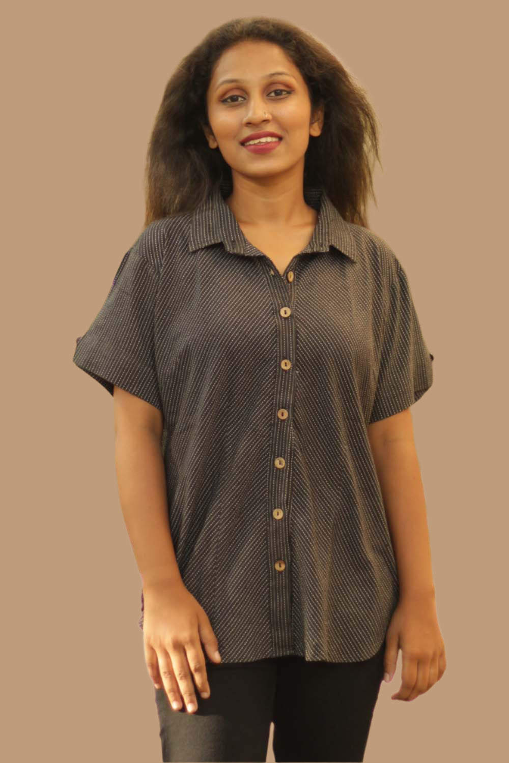 Cotton Shirt in Black Kantha