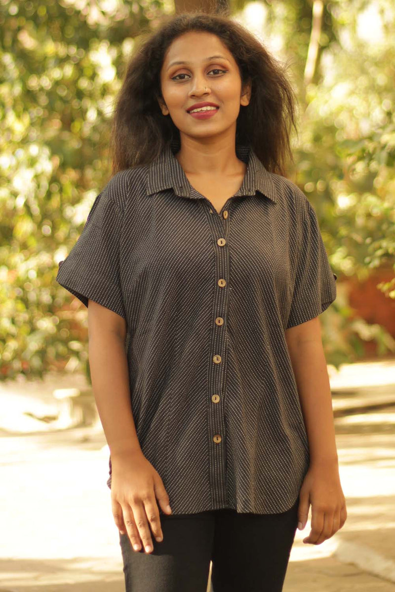 Cotton Shirt in Black Kantha