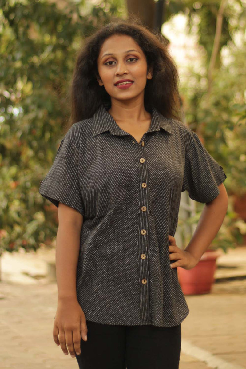 Cotton Shirt in Black Kantha