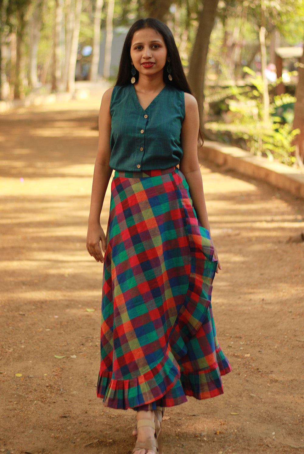 Swara | Wrap Around Frill Skirt | Small Checkered Medley