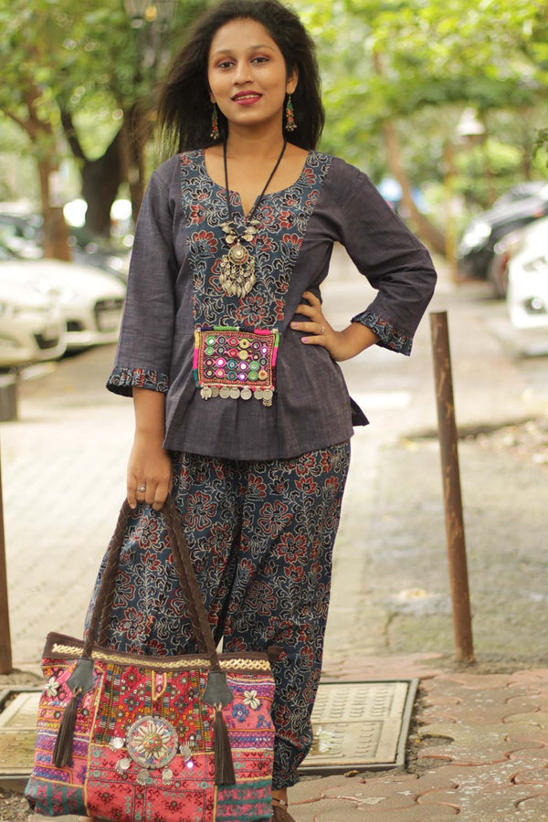 Afsana | Co-Ord Set with Mirrorwork | Ajrakh Navy