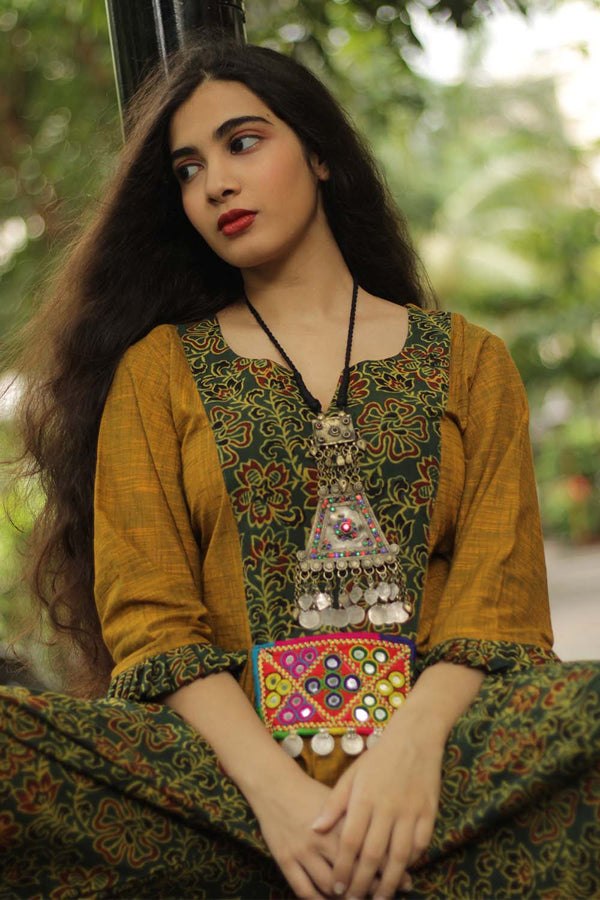 Afsana | Co-Ord Set with Mirrorwork | Ajrakh-Lime
