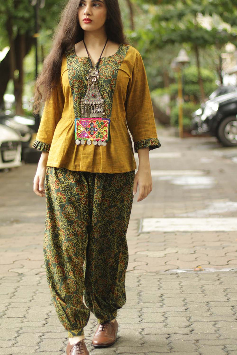 Afsana | Co-Ord Set with Mirrorwork | Ajrakh-Lime