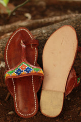 Leather Chappal | Mirrorwork | Brown | Size 42