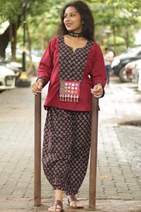 Afsana | Co-Ord Set with Mirrorwork | Ajrakh-Marron