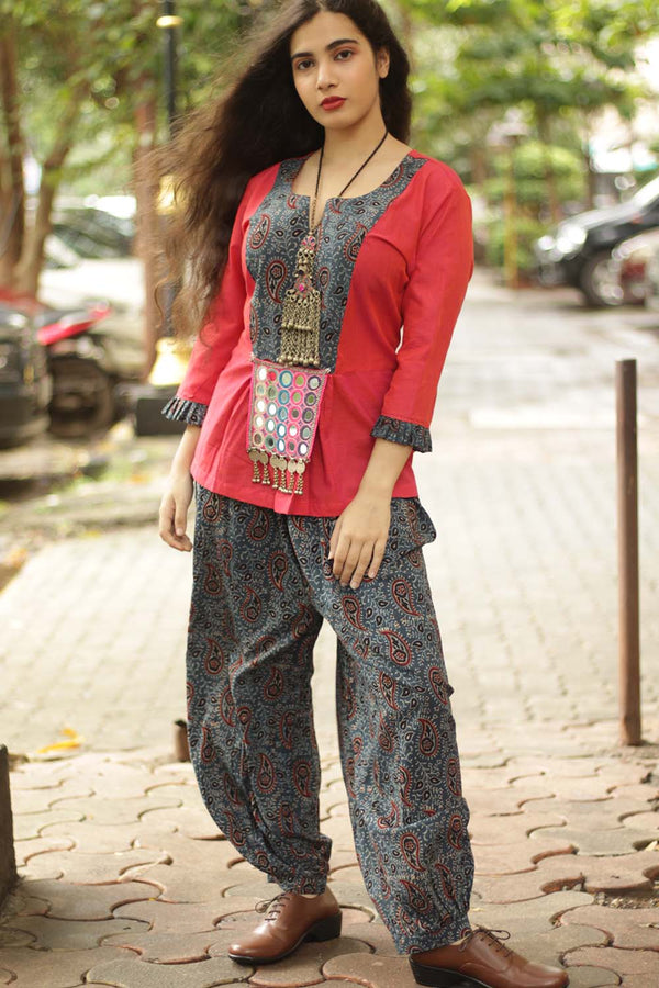 Afsana | Co-Ord Set with Mirrorwork | Ajrakh-Coral