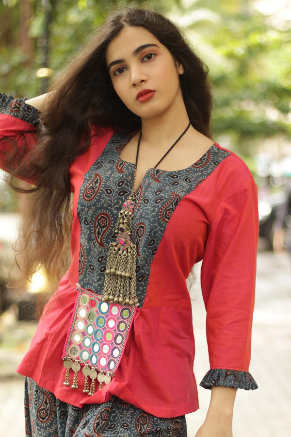 Afsana | Co-Ord Set with Mirrorwork | Ajrakh-Coral