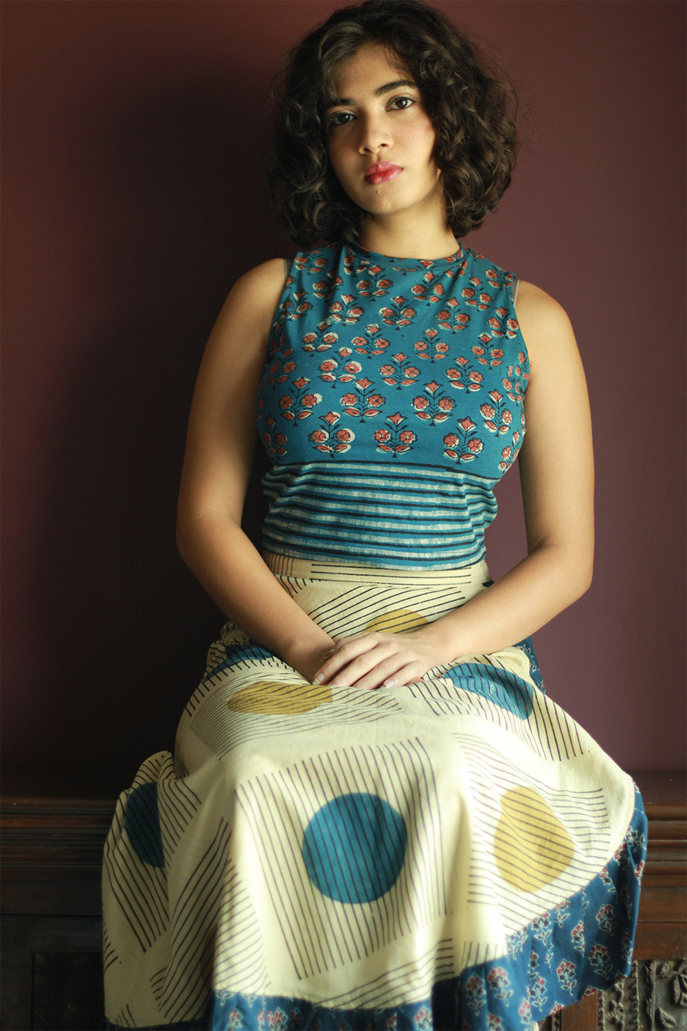 Kirgiti | Stretchable Blouse / Crop Top | High Neck | Indigo Buta and Lined Dabu