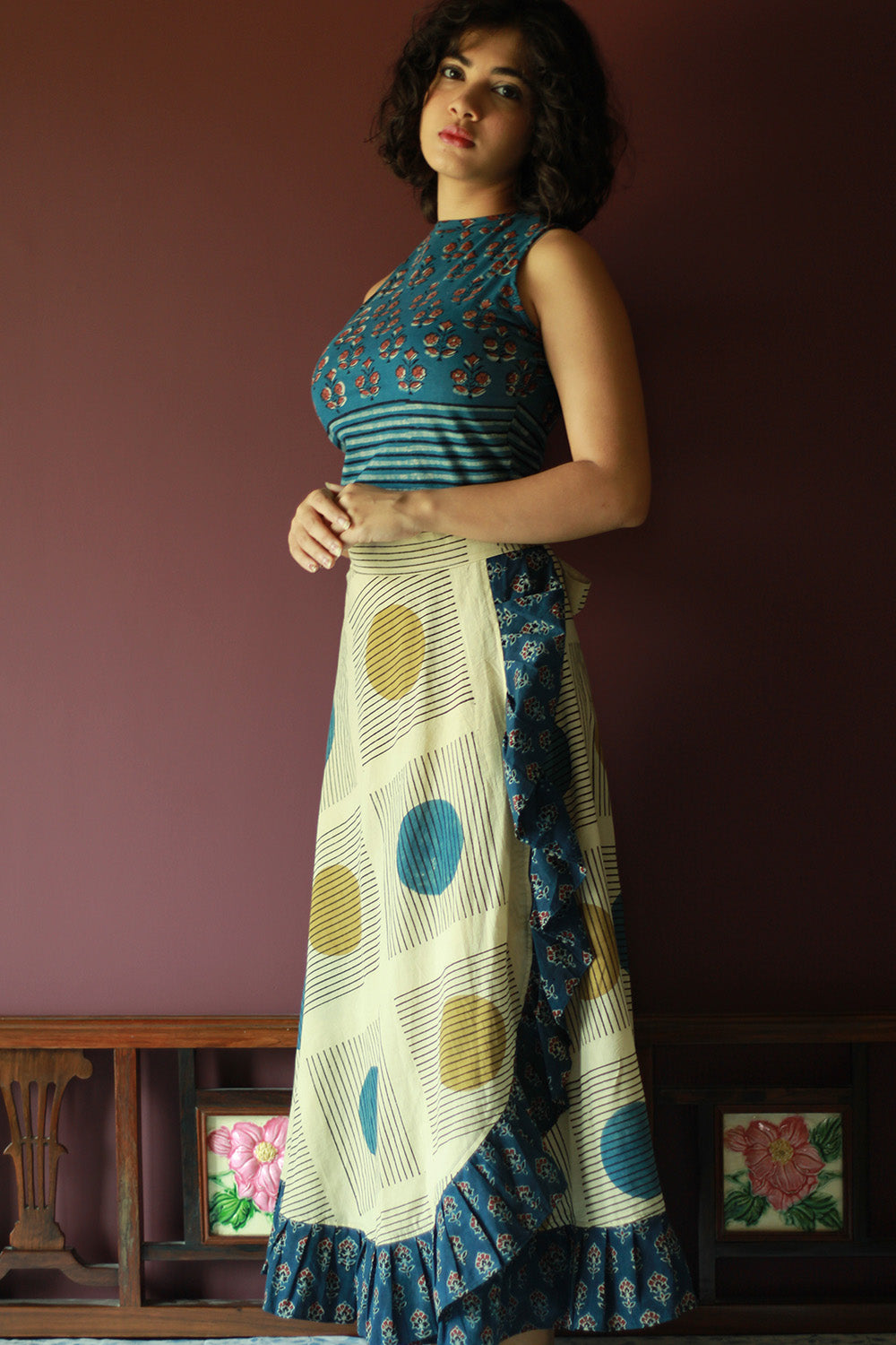 Swara | Wrap Around Frill Skirt | Ivory Ajrakh Geometry