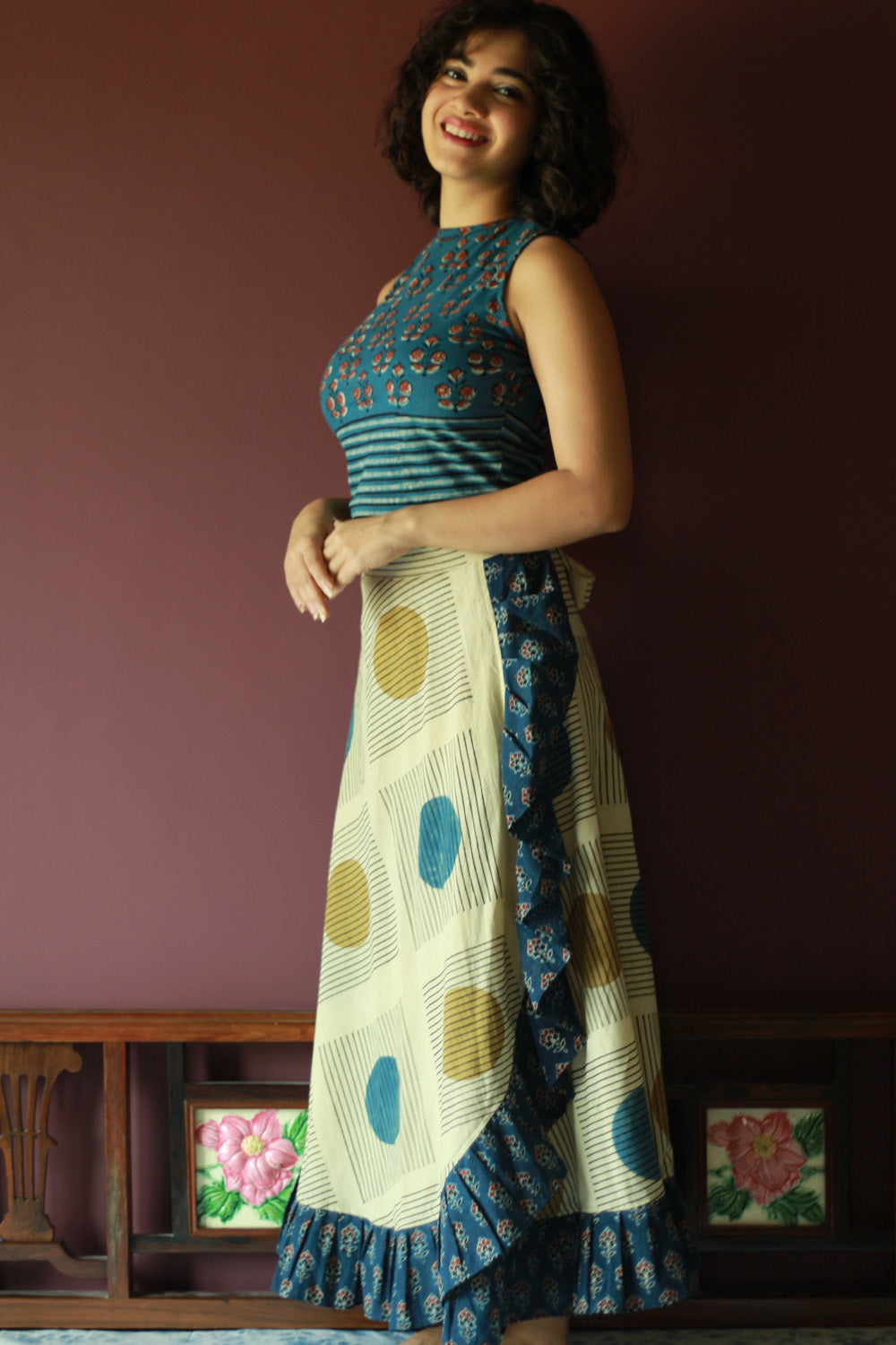 Swara | Wrap Around Frill Skirt | Ivory Ajrakh Geometry