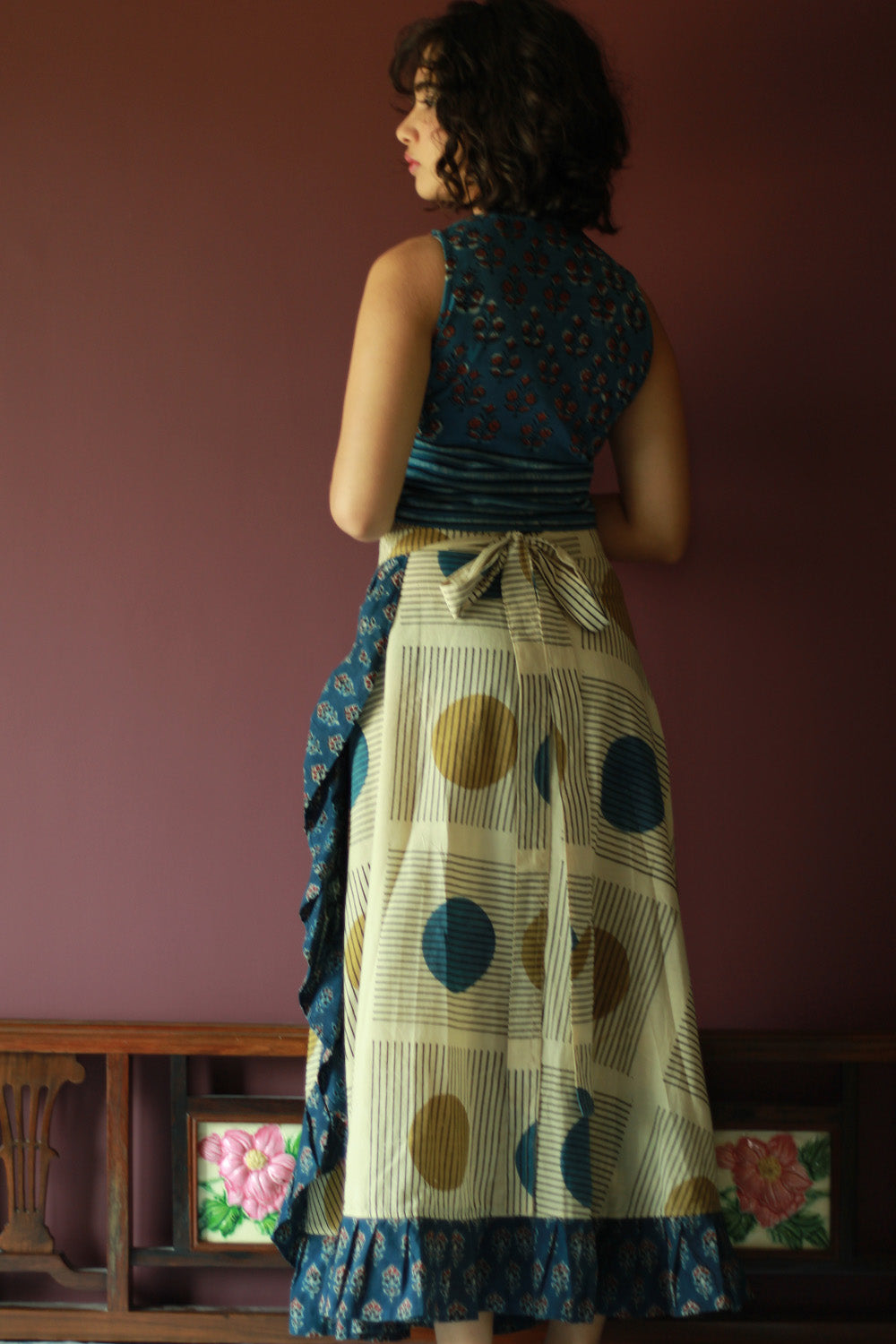 Swara | Wrap Around Frill Skirt | Ivory Ajrakh Geometry