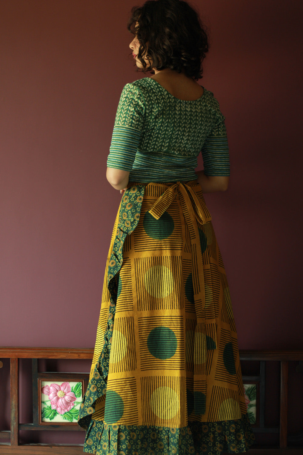 Swara | Wrap Around Frill Skirt | Mustard Ajrakh Geometry