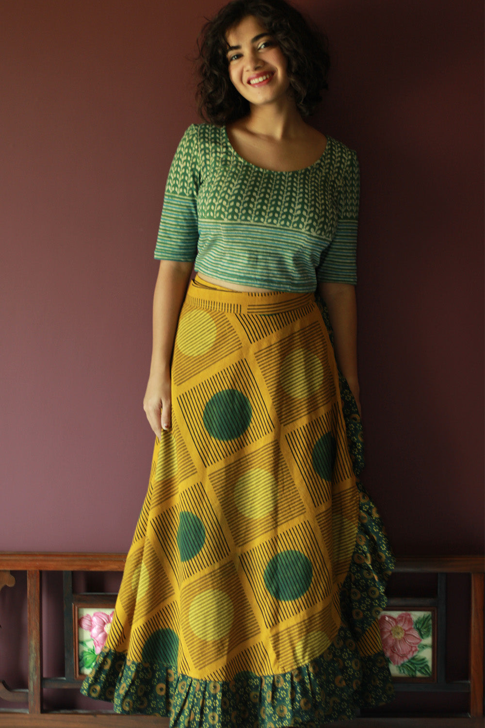 Swara | Wrap Around Frill Skirt | Mustard Ajrakh Geometry