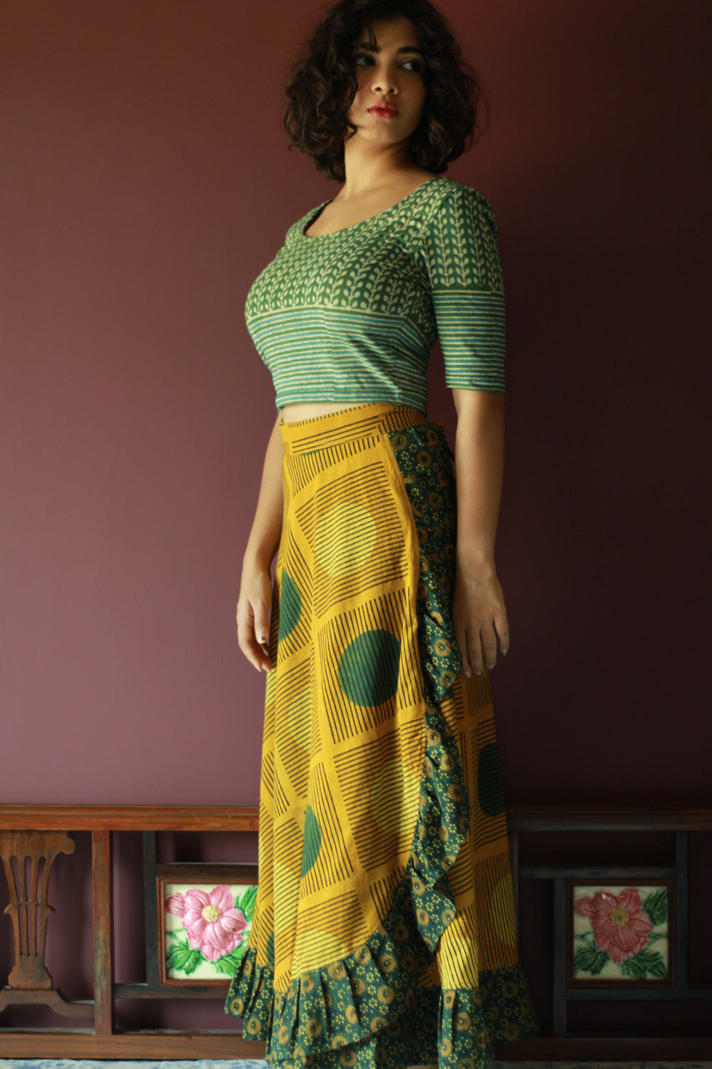 Swara | Wrap Around Frill Skirt | Mustard Ajrakh Geometry