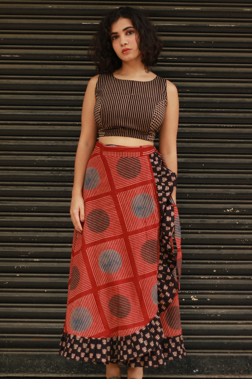 Swara | Wrap Around Frill Skirt | Red Ajrakh Geometry
