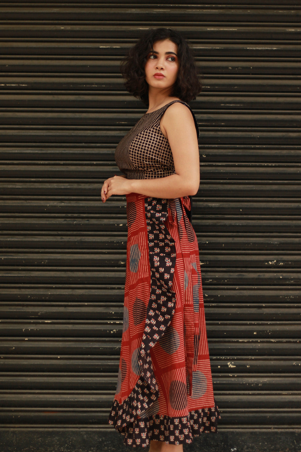 Swara | Wrap Around Frill Skirt | Red Ajrakh Geometry