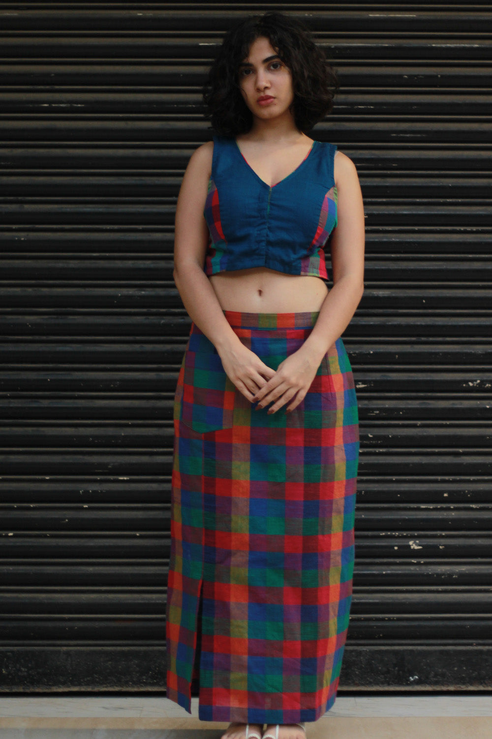 Meena | Mirrorwork Straight Skirt | Small Madras Checks