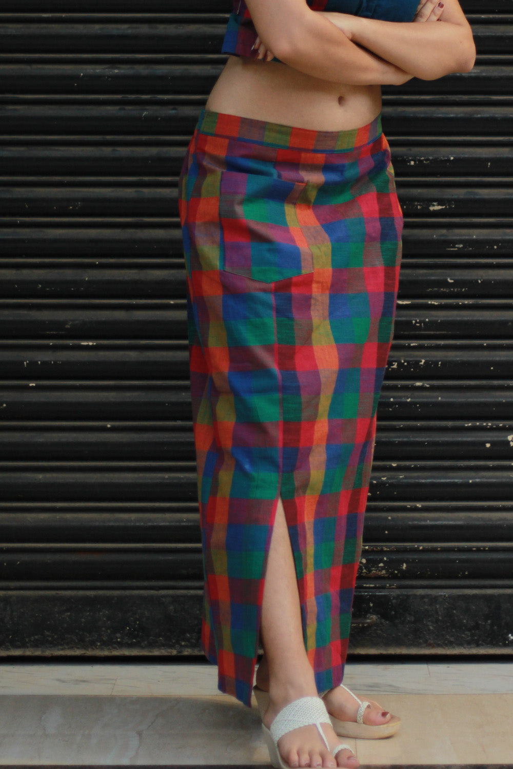 Meena | Mirrorwork Straight Skirt | Small Madras Checks