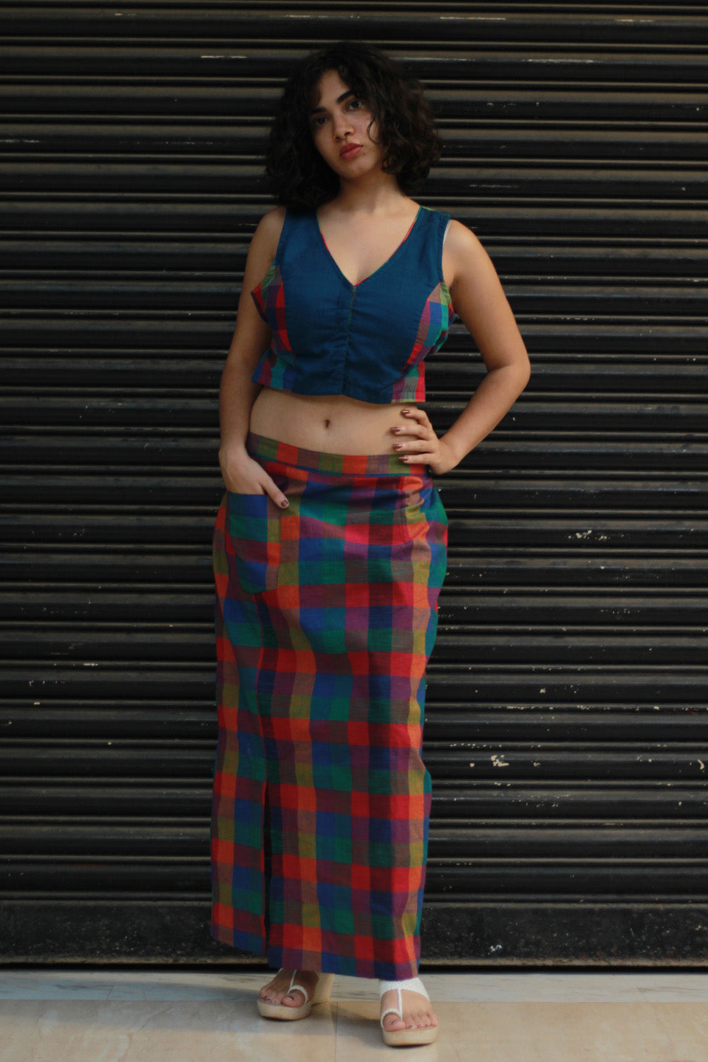 Meena | Mirrorwork Straight Skirt | Small Madras Checks