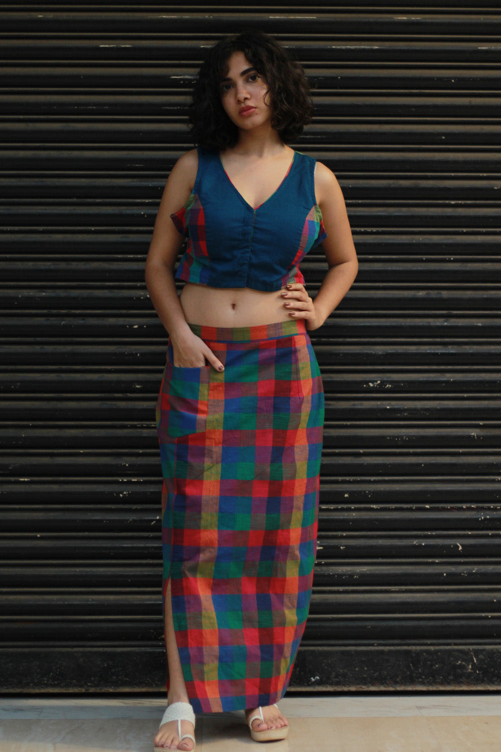 Meena | Mirrorwork Straight Skirt | Small Madras Checks