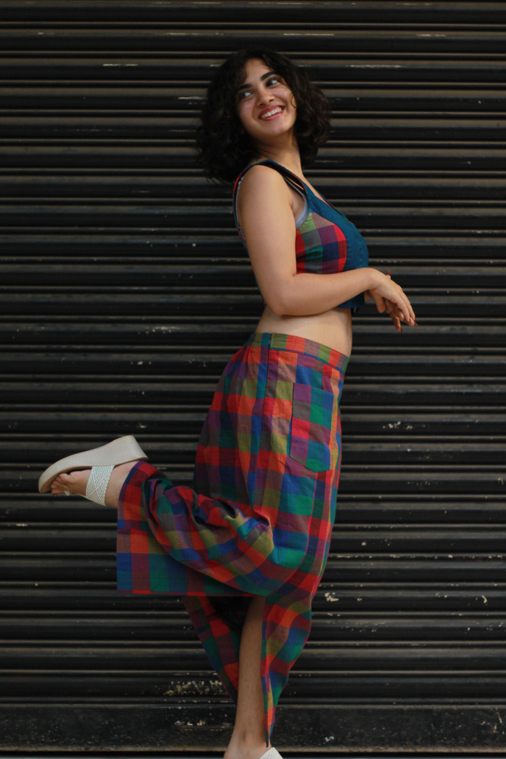 Meena | Mirrorwork Straight Skirt | Small Madras Checks