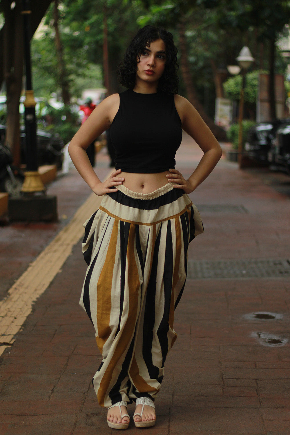 Maskhari | Draped Patiala Pants | Mustard Striped Bagru